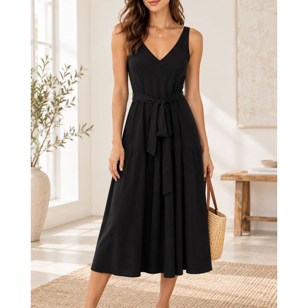 Banana Republic Black V-Neck Midi Dress with Tie Waist
